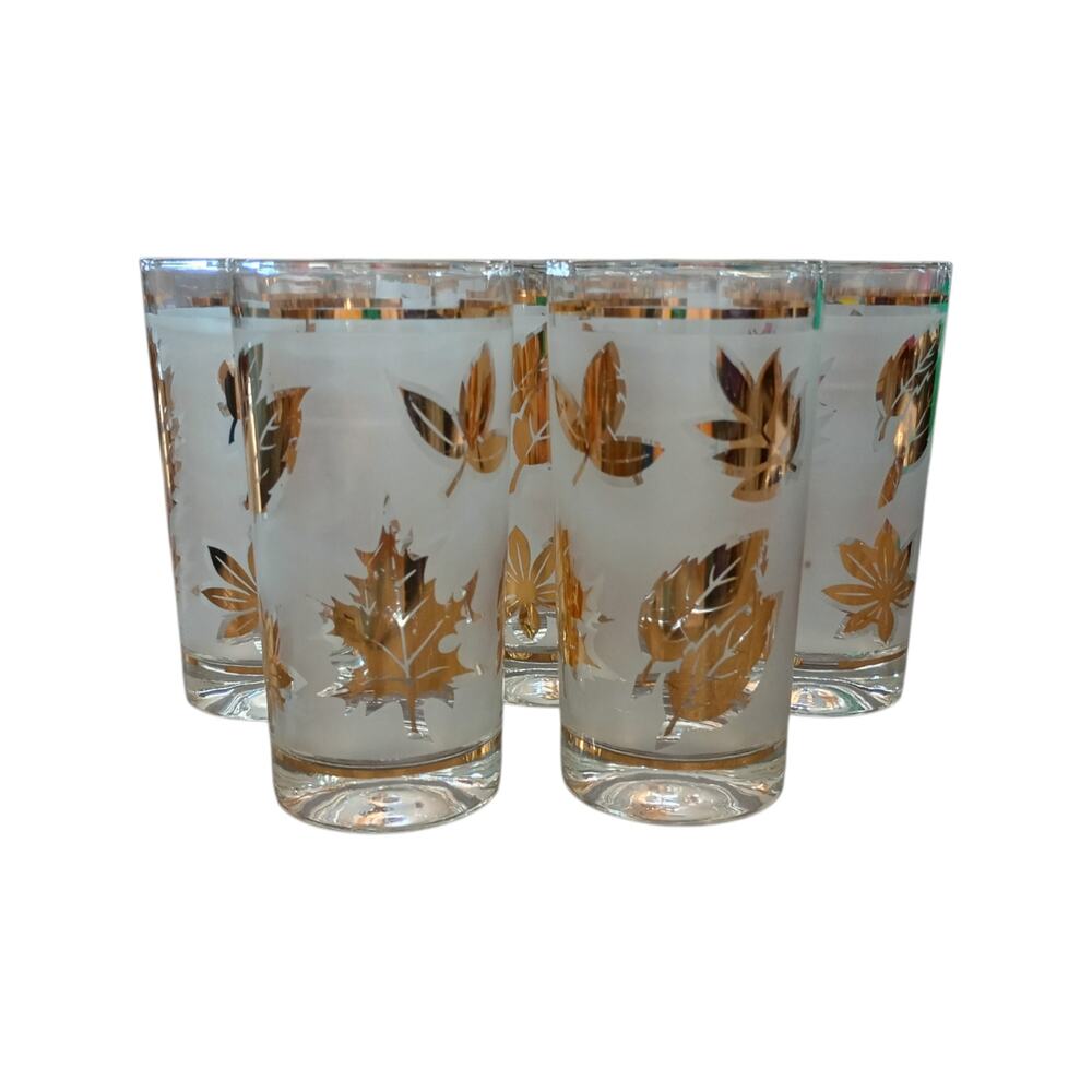 Vintage Frosted & Gold Oak Leaf 6” Libbey Drinking Glass MCM HI Ball Set of 7